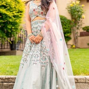 Grey/ Pastel Green lengha